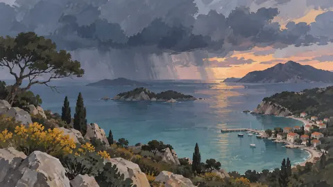 Rain clouds crossing an island bay – minimal gouache Frame TV art