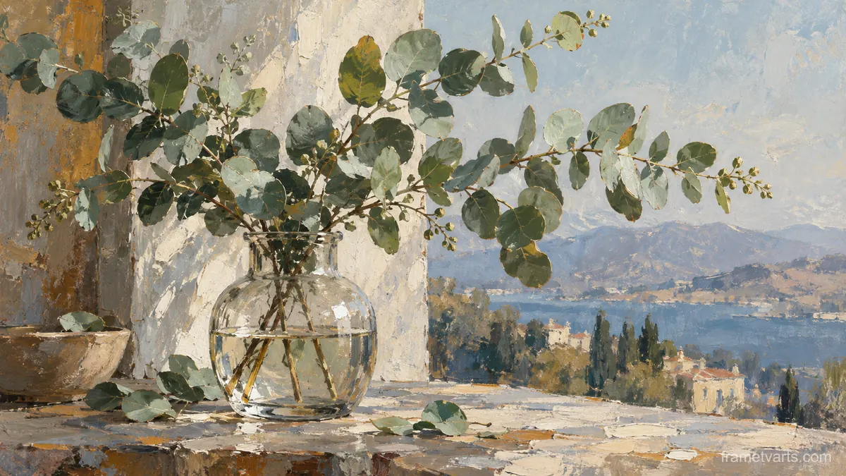 Eucalyptus sprays in a simple glass vessel – contemporary loose oil painting Samsung Frame TV art, 4K