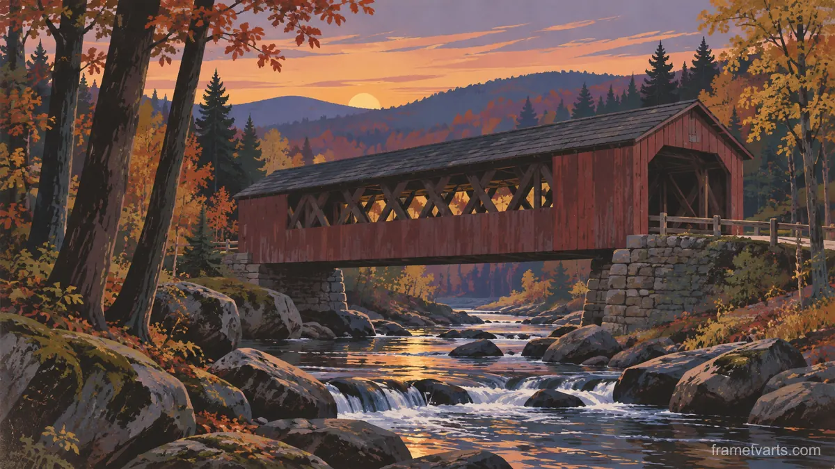 Covered wooden bridge over woodland stream – mid-century travel illustration without text Samsung Frame TV art, 4K