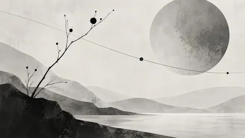 Minimal branching lines with small solid forms – monochrome minimalist abstraction Frame TV art