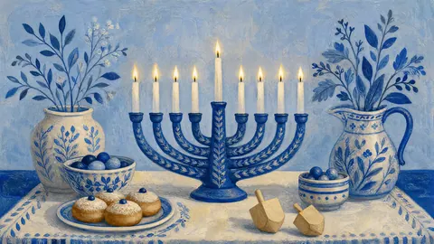 Hanukkah blue-and-white still life with dreidel – decorative folk gouache Frame TV art