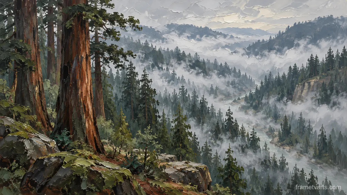Fog rolling through redwood forest – expressive palette-knife painting Samsung Frame TV art, 4K