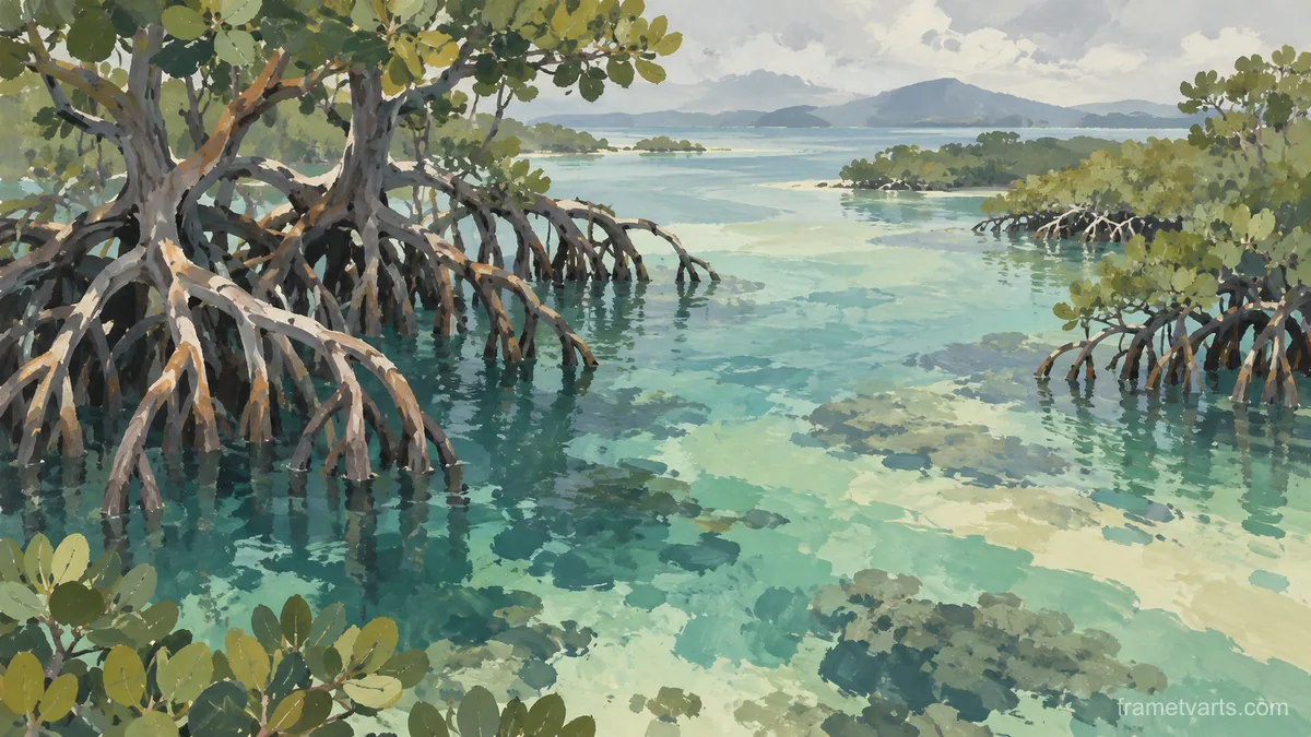 Mangrove roots above luminous water – minimal gouache Samsung Frame TV art, 4K