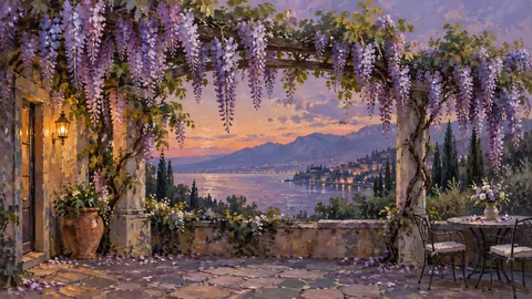 Wisteria cascading from a pergola – contemporary loose oil painting Frame TV art