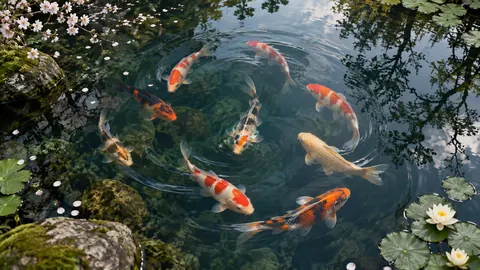 Koi fish circling among pond reflections – fine-art wildlife photography Frame TV art
