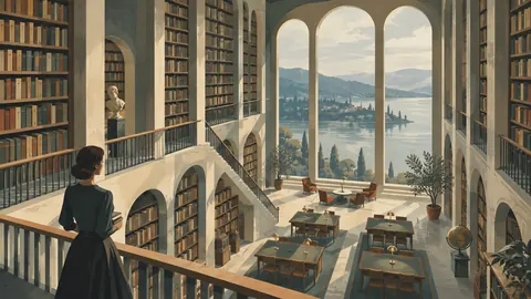 Library with tall shelves of unmarked books – mid-century travel illustration without text Frame TV art