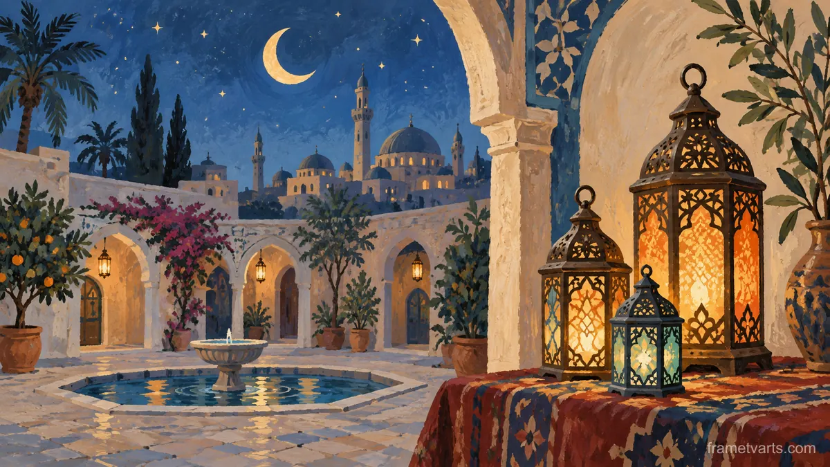 Ramadan lanterns and a crescent above a courtyard – decorative folk gouache Samsung Frame TV art, 4K