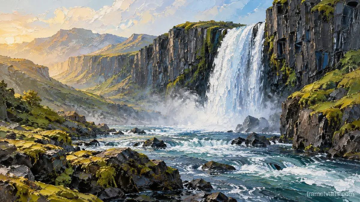 Waterfall between mossy basalt cliffs – expressive palette-knife painting Samsung Frame TV art, 4K