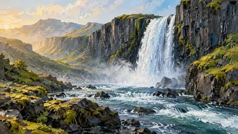 Waterfall between mossy basalt cliffs – expressive palette-knife painting Frame TV art