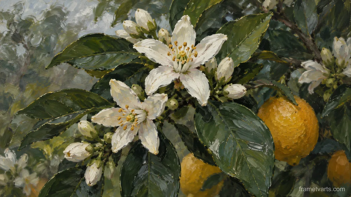 Citrus blossoms among dark green leaves – contemporary loose oil painting Samsung Frame TV art, 4K