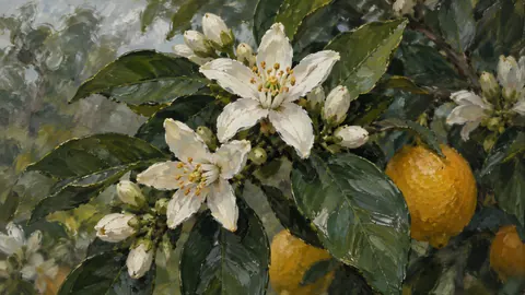 Citrus blossoms among dark green leaves – contemporary loose oil painting Frame TV art