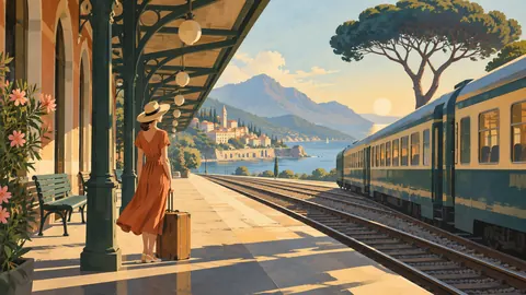 Sunlit train station platform without signage – mid-century travel illustration without text Frame TV art