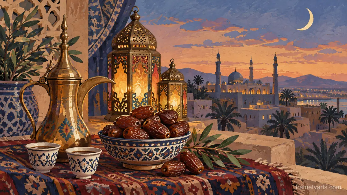 Eid dates and coffee beside decorative lanterns – decorative folk gouache Samsung Frame TV art, 4K