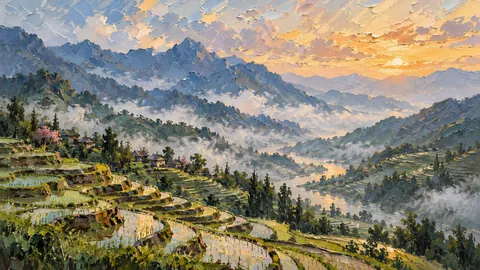 Terraced rice valley in morning mist – expressive palette-knife painting Frame TV art