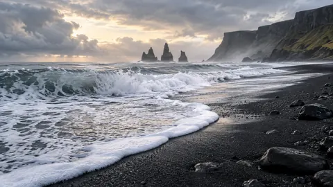 White surf curling onto black volcanic sand – fine-art photography Frame TV art