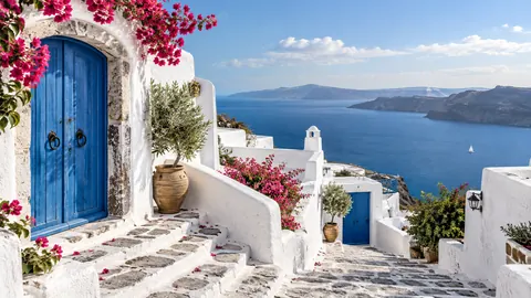 Whitewashed island steps with blue doors – fine-art architectural photography Frame TV art