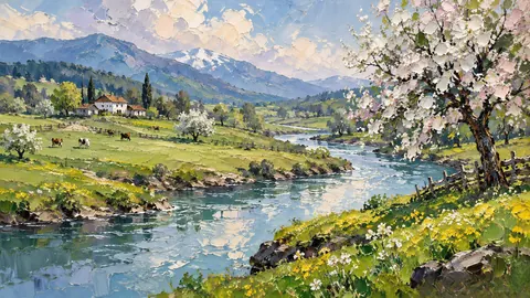Meandering river through spring pasture – expressive palette-knife painting Frame TV art