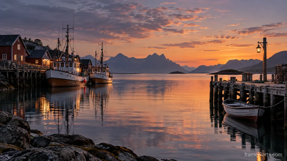 Fishing boats beside a quiet wooden jetty – fine-art photography Samsung Frame TV art, 4K