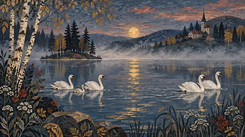 White swans crossing a misty lake – decorative folk painting Frame TV art