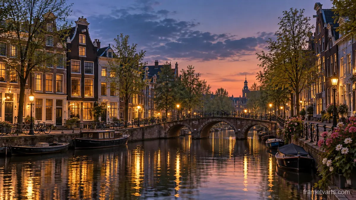 Canal houses beside a narrow stone bridge – fine-art architectural photography Samsung Frame TV art, 4K