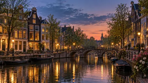 Canal houses beside a narrow stone bridge – fine-art architectural photography Frame TV art