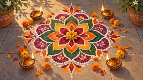 Diwali symmetrical floral rangoli beside oil lamps – decorative folk gouache Frame TV art