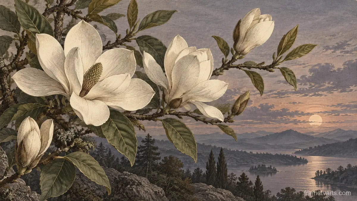 White magnolia branch with unfurling leaves – vintage-style botanical engraving without labels Samsung Frame TV art, 4K