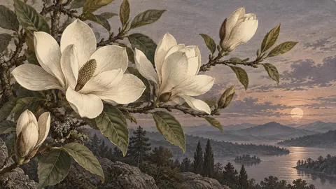 White magnolia branch with unfurling leaves – vintage-style botanical engraving without labels Frame TV art