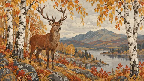 Red deer beneath autumn birches – decorative folk painting Frame TV art