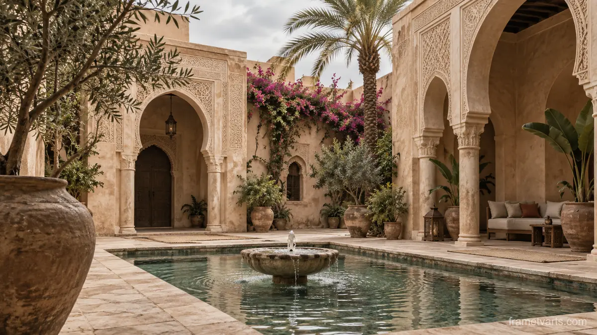 Desert courtyard with carved plaster arches – fine-art architectural photography Samsung Frame TV art, 4K