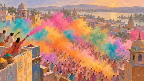 Holi abstract clouds of celebratory colored powder – decorative folk gouache Frame TV art