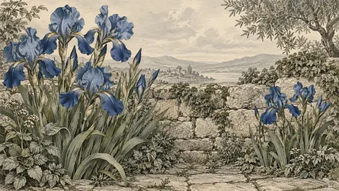 Blue irises beside a stone garden wall – vintage-style botanical engraving without labels Frame TV art