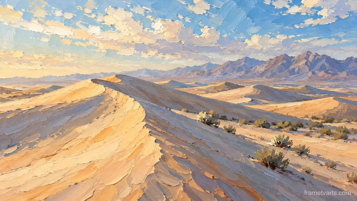 Wind-sculpted sand dunes under high clouds – expressive palette-knife painting Samsung Frame TV art, 4K