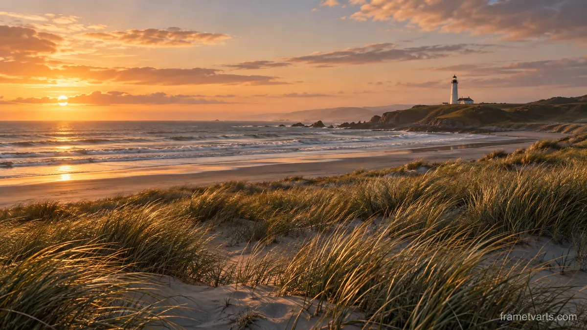 Dune grass and a distant lighthouse – fine-art photography Samsung Frame TV art, 4K