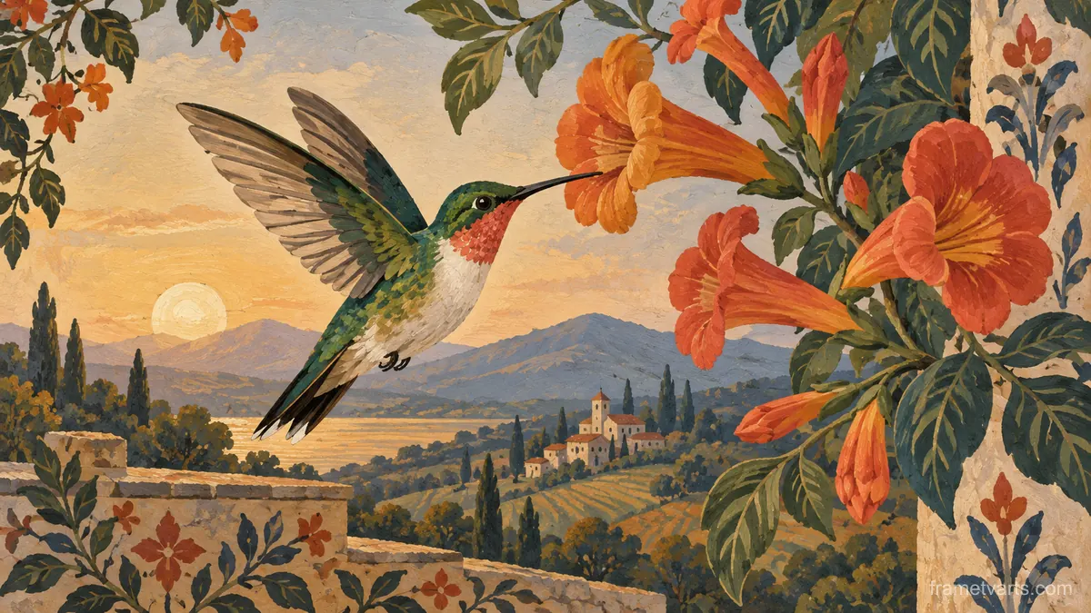 Hummingbird hovering beside trumpet flowers – decorative folk painting Samsung Frame TV art, 4K
