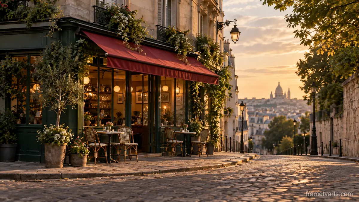 Quiet Paris-inspired corner cafe without lettering – fine-art architectural photography Samsung Frame TV art, 4K