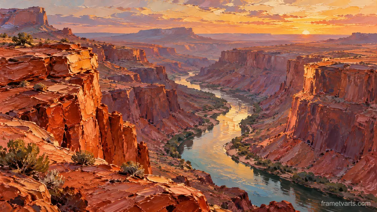 Red canyon and a narrow desert river – expressive palette-knife painting Samsung Frame TV art, 4K