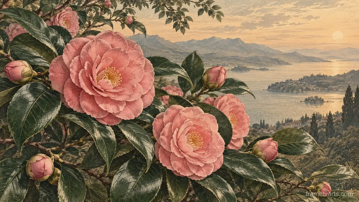 Pink camellias above glossy leaves – vintage-style botanical engraving without labels Samsung Frame TV art, 4K