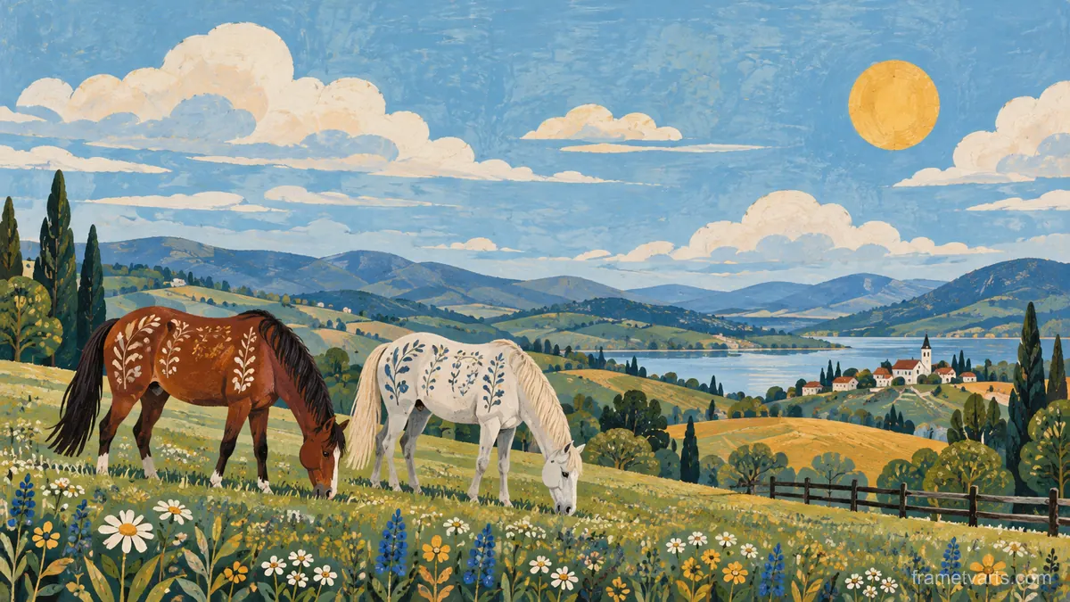 Two horses grazing on rolling pasture – decorative folk painting Samsung Frame TV art, 4K