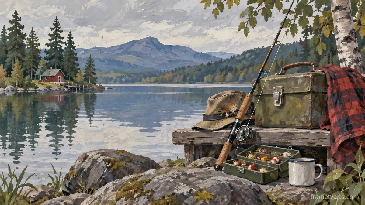 Father's Day fishing equipment beside a quiet lake – decorative folk gouache Samsung Frame TV art, 4K