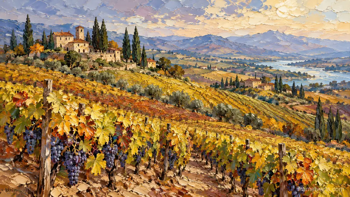 Rolling vineyard hills at harvest – expressive palette-knife painting Samsung Frame TV art, 4K
