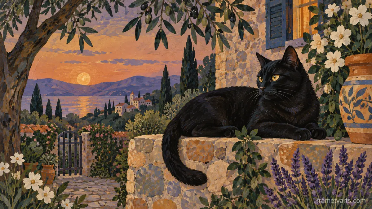 Black cat resting in a sunlit garden – decorative folk painting Samsung Frame TV art, 4K