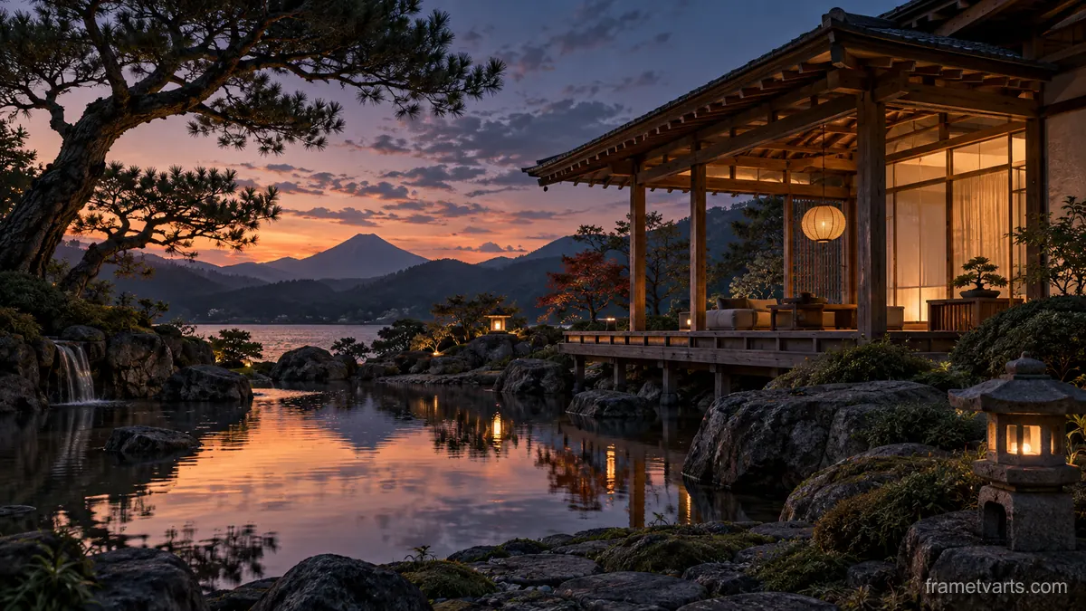 Japanese-inspired wooden garden pavilion – fine-art architectural photography Samsung Frame TV art, 4K