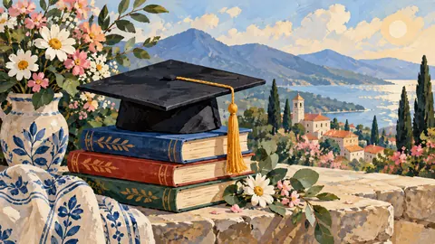 Graduation plain cap with books and flowers – decorative folk gouache Frame TV art