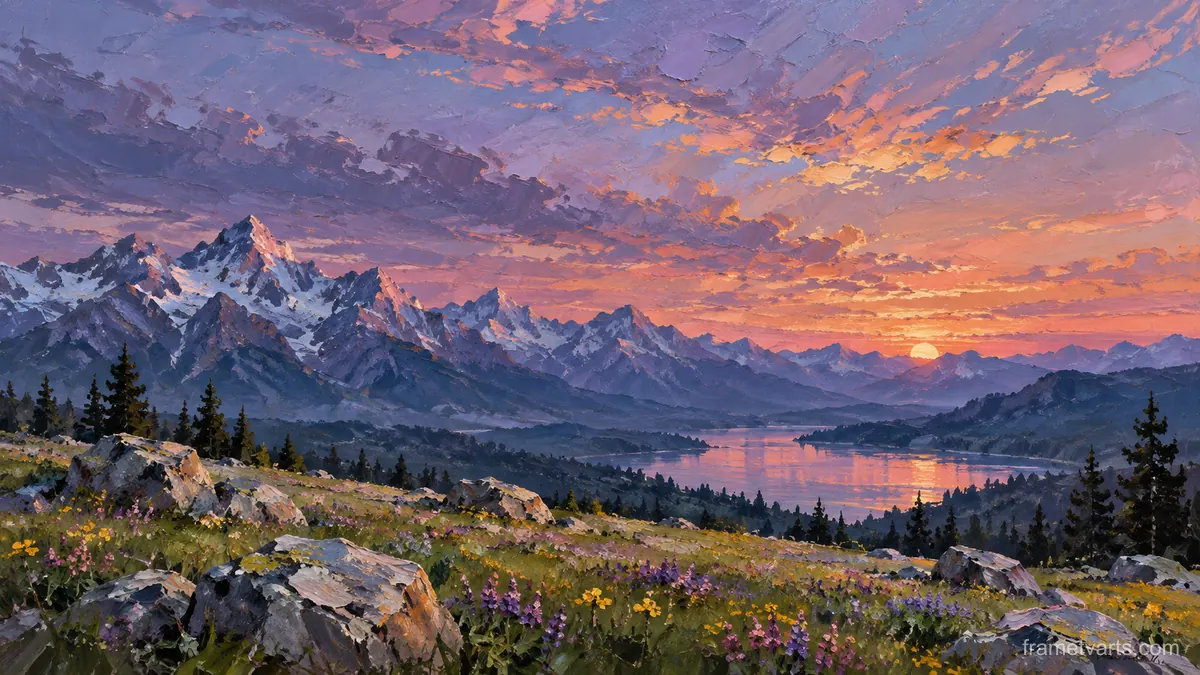 Alpine meadow with scattered boulders – expressive palette-knife painting Samsung Frame TV art, 4K