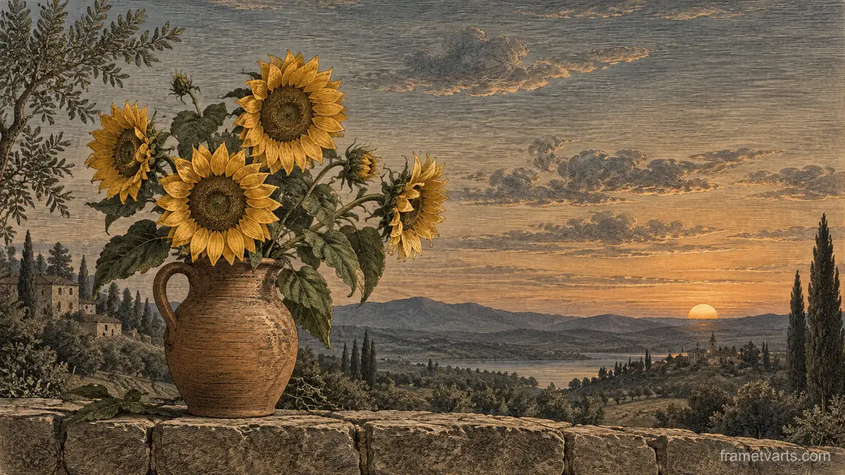 Golden sunflowers in an earthenware jug – vintage-style botanical engraving without labels Samsung Frame TV art, 4K