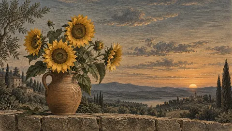 Golden sunflowers in an earthenware jug – vintage-style botanical engraving without labels Frame TV art