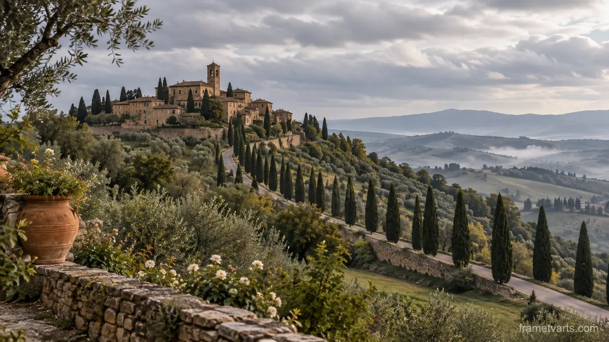 Tuscan-inspired hill village and cypress avenue – fine-art architectural photography Samsung Frame TV art, 4K
