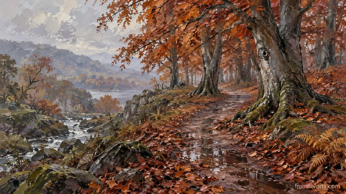 Wet woodland path among copper beeches – expressive palette-knife painting Samsung Frame TV art, 4K