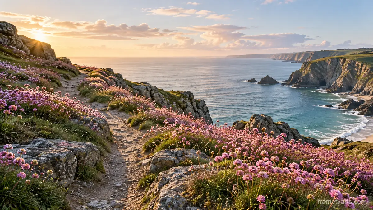 Clifftop path through pink thrift flowers – fine-art photography Samsung Frame TV art, 4K